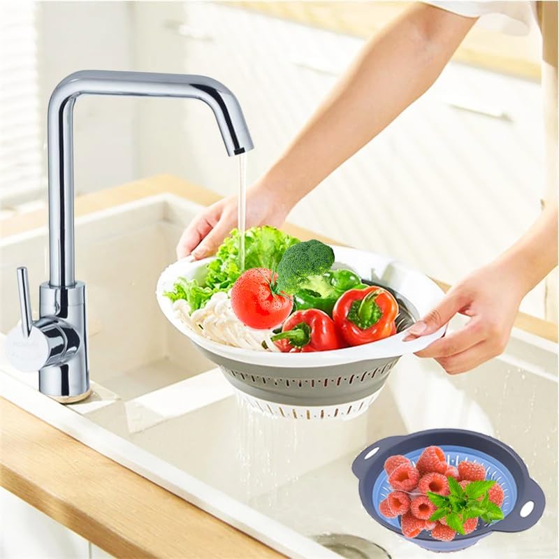 Collapsible Colander Set, Square Round Triangles Silicone Kitchen Strainer Perfect for Draining Pasta Vegetable fruit 2 PCS (10.8"L x 8.6"W x 2"H, Blue & Gray)