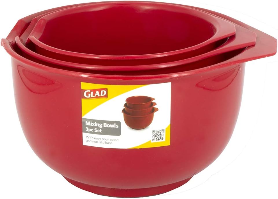 Glad Mixing Bowls with Pour Spout, Set of 4 - Nesting Plastic Bowls (1.2qt, 1.9qt, 2.8qt, and 3qt with Handle) - Non Slip Base, Dishwasher Safe Kitchen Cooking and Baking Supplies, Grey