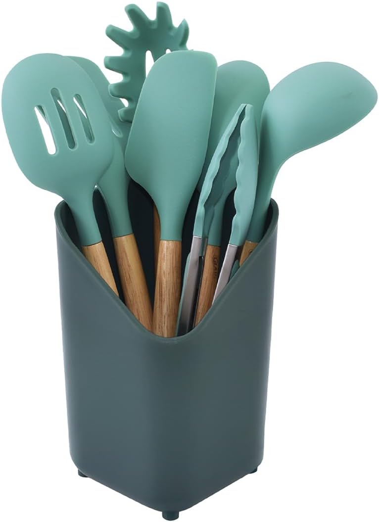 Glad Silicone Kitchen Utensils Set, 8pcs - Nonstick Cooking Tools with Wooden Handles and Utensil Holder - Spatula Set with Turner, Ladle, Spoons, Tongs, and Spaghetti Server - Beige