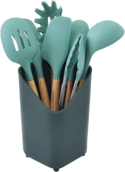 Glad Silicone Kitchen Utensils Set, 8pcs - Nonstick Cooking Tools with Wooden Handles and Utensil Holder - Spatula Set with Turner, Ladle, Spoons, Tongs, and Spaghetti Server - Beige
