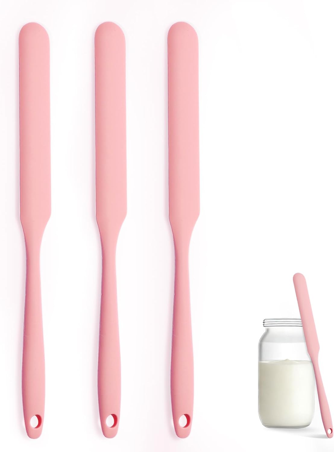Silicone Jar Spatula Set of 3, Long Handle Skinny Spatula and Spurtle for Sourdough Starter, Flexible Jar Scraper for Peanut Butter, Jam, Icing, Cream with No Batter Left Behind (3)