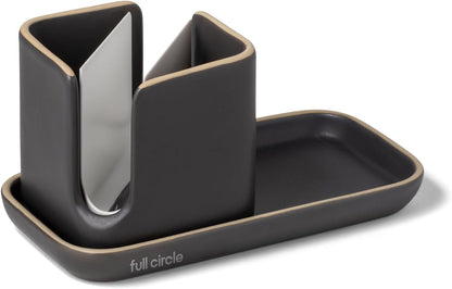 Full Circle Stash, Ceramic Kitchen Sink Caddy, Stylish Sponge Holder & Dish Brush Organizer, Easy to Clean, Dishwasher Safe, Rustproof, White and Gray