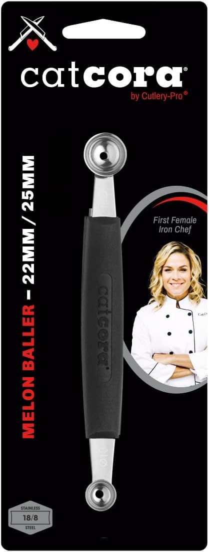 Cat Cora Melon Baller, Professional 18/8 Stainless Steel Dual Blades 10/15-Millimeter for Melon Balls and Garnishes, Ergonomic Soft-Grip Handle