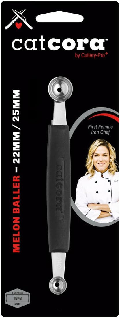 Cat Cora Melon Baller, Professional 18/8 Stainless Steel Dual Blades 10/15-Millimeter for Melon Balls and Garnishes, Ergonomic Soft-Grip Handle