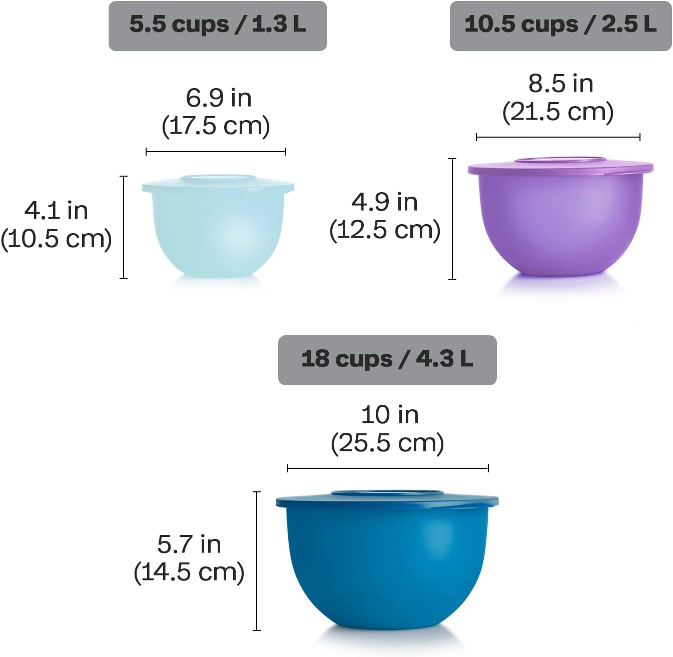 Tupperware Impressions Classic 3 Piece Food Storage Bowl Set in Blue and Purple, Dishwasher Safe and BPA Free (3 Containers, 3 Lids)