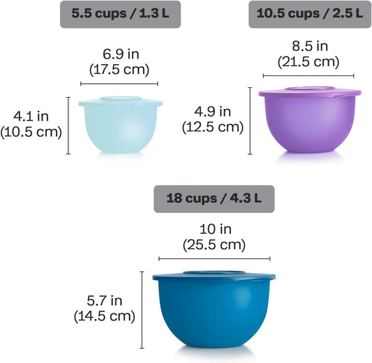 Tupperware Impressions Classic 3 Piece Food Storage Bowl Set in Blue and Purple, Dishwasher Safe and BPA Free (3 Containers, 3 Lids)
