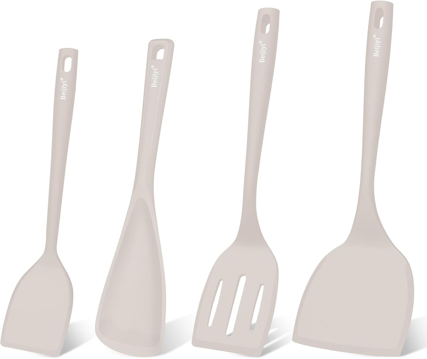 Beijiyi Silicone Spatula Set of 4, 600°F Heat Resistant, BPA Free Kitchen Spatula and Spoons for Nonstick Cookware, Solid & Slotted Turner Cooking Utensils for Serving, Flipping Egg, Pancakes (Khaki)
