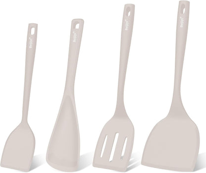 Beijiyi Silicone Spatula Set of 4, 600°F Heat Resistant, BPA Free Kitchen Spatula and Spoons for Nonstick Cookware, Solid & Slotted Turner Cooking Utensils for Serving, Flipping Egg, Pancakes (Khaki)