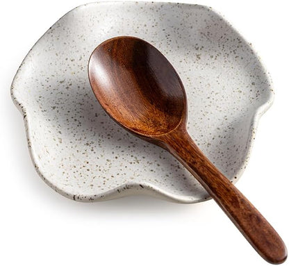 Miamolo Spoon Rest for Stove Top, Spoon Holder for Stove, 5.3In Ceramic Spoon Rest for Kitchen Counter, Coffee Spoon Holder with Ruffled Edge, Farmhouse Spatula Holder for Kitchen Decor, Beige