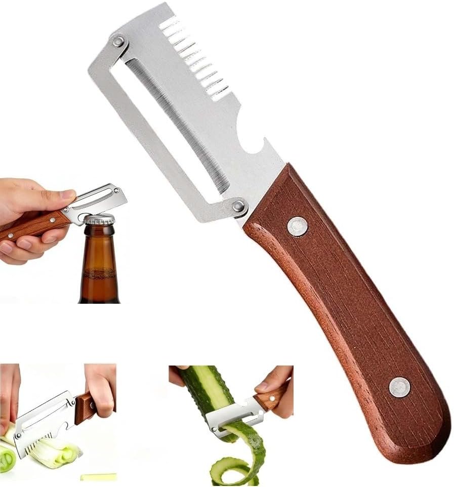 Multifunctional Vegetable Peeler with Sharp Stainless Steel Blade & Wooden Handle, 2-in-1 Kitchen Tool with Bottle Opener, Efficient Peeling for Vegetables & Fruits (2 PCS)