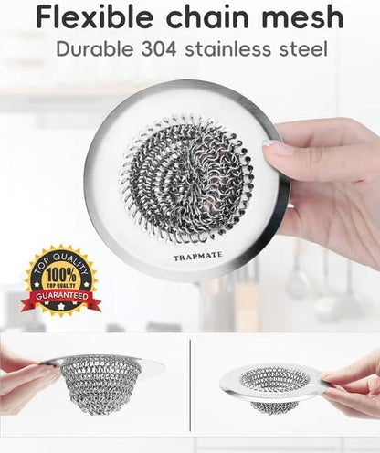 TRAPMATE Kitchen Sink Drain Strainer, Reversible Chain Mesh Sink Strainer, 304 Stainless Steel Anti-Clogging & Easy Clean Sink Strainer Basket, Fits US Standard Kitchen Sink Drains, Dishwasher Safe