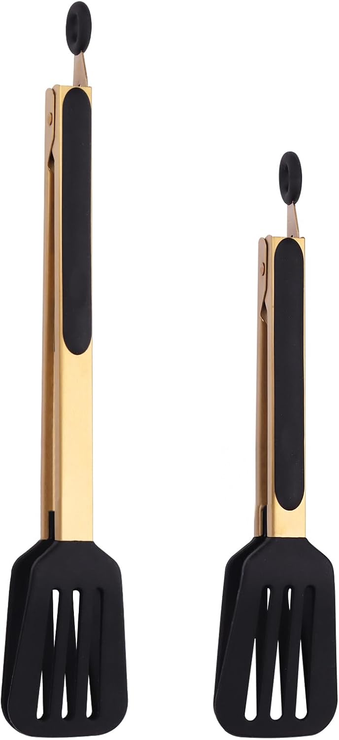 Stainless Steel Classic Kitchen Serving Food Party Gold Tongs 9" and 12" Cooking Tong with BPA Free Silicone Tips, Dishwasher Safe Serving Tools(set of 2)