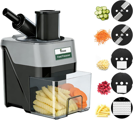 5-In-1 Electric Vegetable Chopper, Commercial Vegetable Slicer | Stainless Steel Blades, 100W Motor, Dual Chutes, Veggie Dicer with Slicing Shredding Striping, for Onion Potato Cabbage Fruit