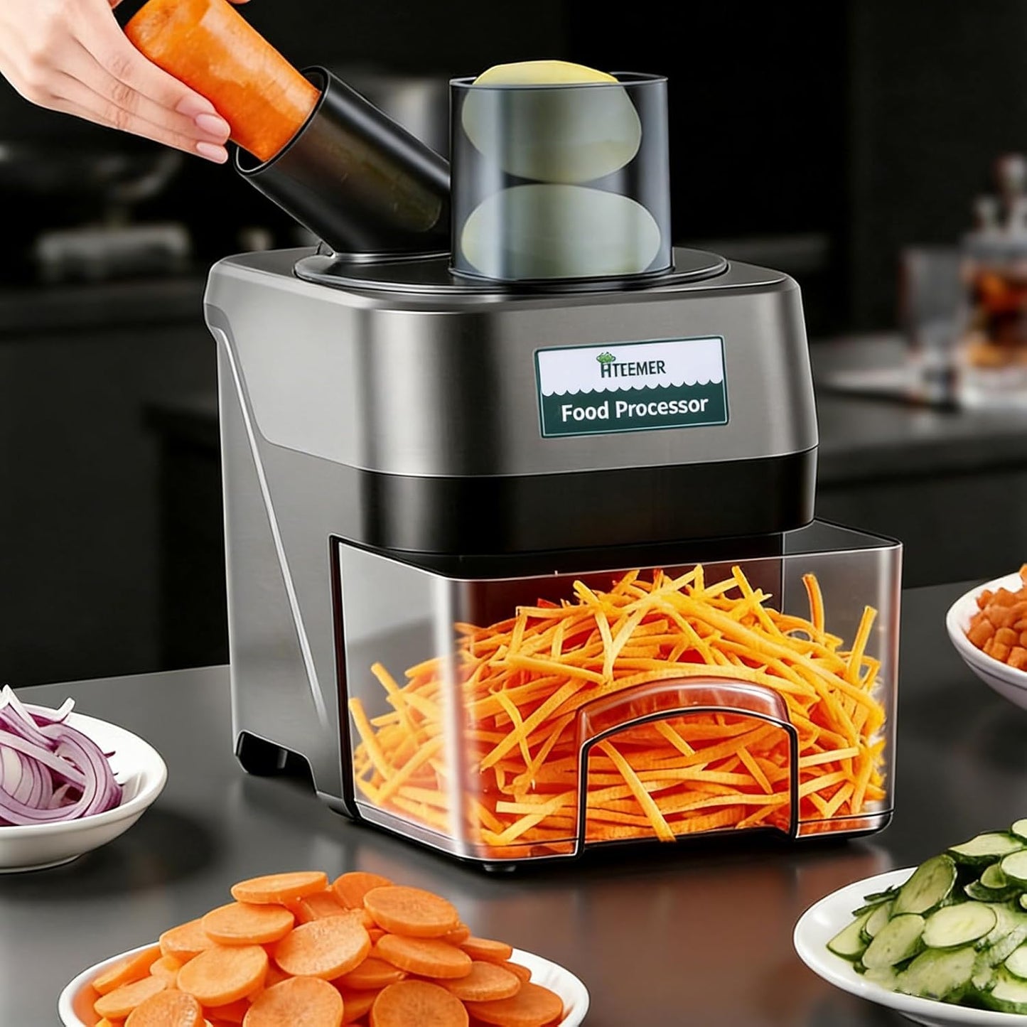 5-In-1 Electric Vegetable Chopper, Commercial Vegetable Slicer | Stainless Steel Blades, 100W Motor, Dual Chutes, Veggie Dicer with Slicing Shredding Striping, for Onion Potato Cabbage Fruit