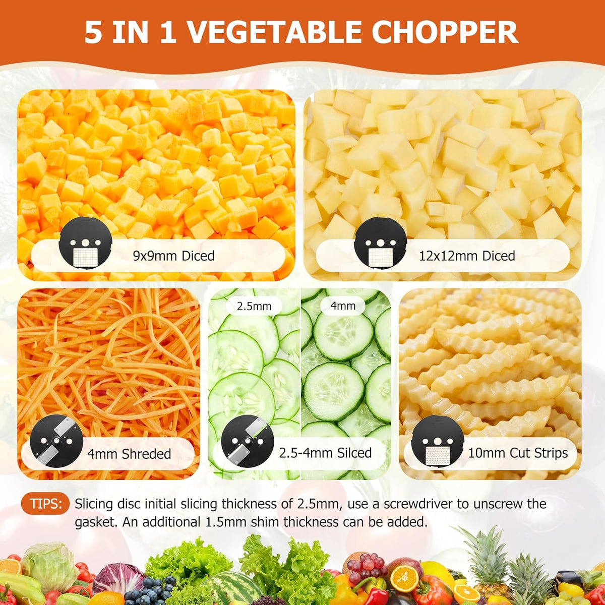 5-In-1 Electric Vegetable Chopper, Commercial Vegetable Slicer | Stainless Steel Blades, 100W Motor, Dual Chutes, Veggie Dicer with Slicing Shredding Striping, for Onion Potato Cabbage Fruit