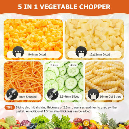 5-In-1 Electric Vegetable Chopper, Commercial Vegetable Slicer | Stainless Steel Blades, 100W Motor, Dual Chutes, Veggie Dicer with Slicing Shredding Striping, for Onion Potato Cabbage Fruit