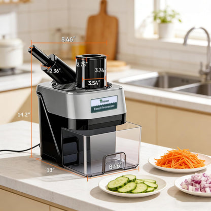 5-In-1 Electric Vegetable Chopper, Commercial Vegetable Slicer | Stainless Steel Blades, 100W Motor, Dual Chutes, Veggie Dicer with Slicing Shredding Striping, for Onion Potato Cabbage Fruit