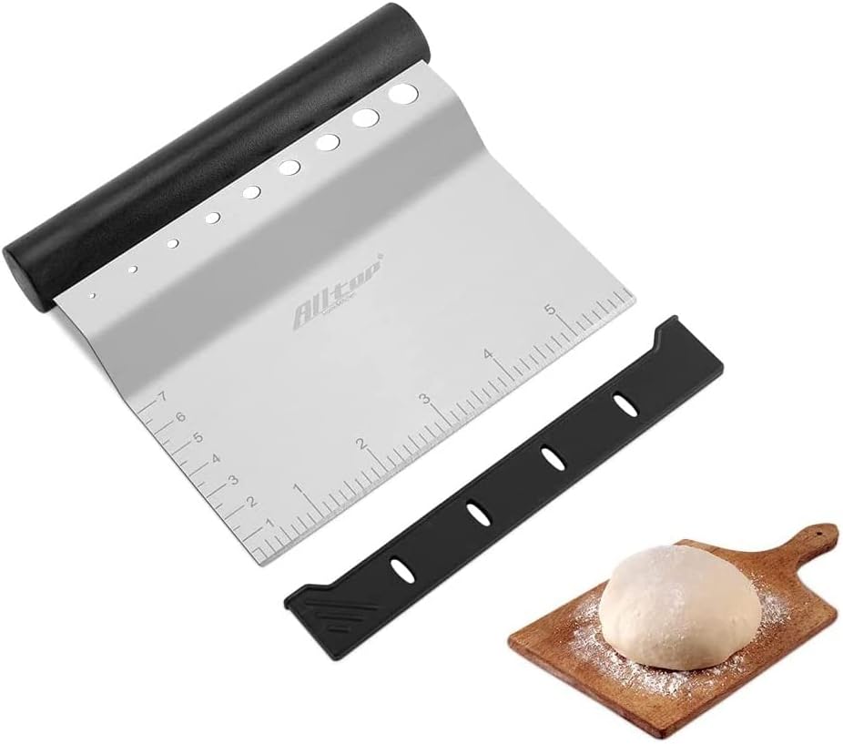 ALLTOP Dough Bench Scraper/Cutter/Chopper Stainless Steel Blade with Herb Stripper,Multipurpose Kitchen Pastry Tool with Scale Ruler - Leaf Remover - 1 Pack