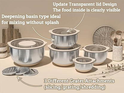 Mixing Bowls with Lids Set - Non-Slip, Airtight Warp-Proof TPR-AS Lids, Thicker Stainless Steel Bowls, Measurement Lines & 3 Graters, Prep Meal Bowl, Black Nesting Bowl for Kitchen, 5/3/2/1.5/0.63QT