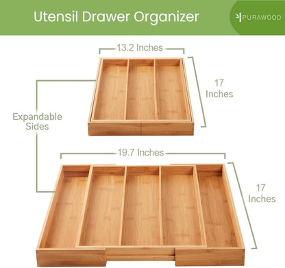 Purawood Bamboo Drawer Organizer - Expandable Silverware Organizer & Utensil Drawer Organizer, Cutlery Tray with Dividers, 7-9 Slots- Kitchen Organizer for Utensils & Flatware (Natural)