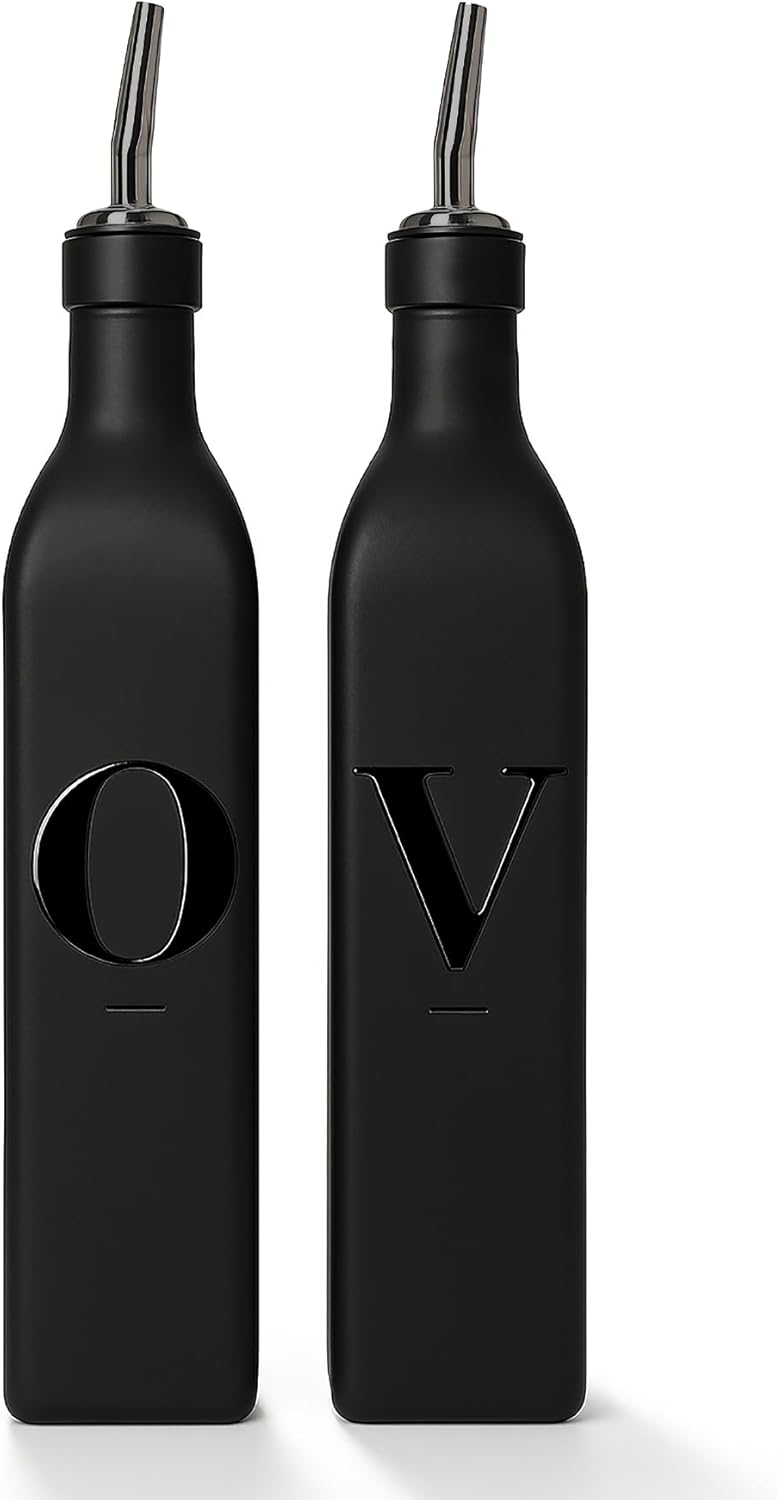 Olive Oil & Vinegar Dispenser Bottle Set with Stainless Steel Spouts & Funnel - Elegant Cooking Oil Cruet Dispenser for Kitchen - 500ml - Set of 2