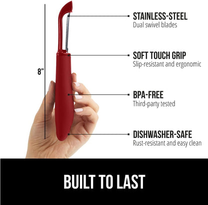 GORILLA GRIP® Patented BPA-Free Vegetable Peeler, Extra Sharp Swivel Stainless Steel Blades with Guard, Comfortable Soft Handle, Easily Peel Carrots or Fruit, Potato Eye Remover, Washer Safe, Black