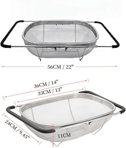 4qt Stainless Steel Oval Strainer Basket Colander, Over The Sink Fine Mesh Expandable, Colander For Kitchen Sink, Vegetables, Strain, Drain, Rinse Fruits (4 Quart Strainer Basket)