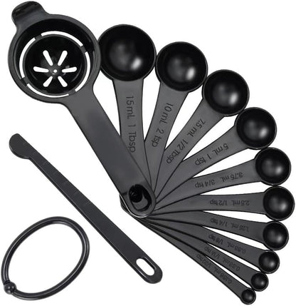 DOTINGHUX Measuring Spoons, Plastic Measuring Spoons Set with Egg Separator 12-Piece,Black