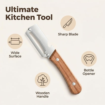 Premium Vegetable Peeler with Wooden Handle and Bottle Opener: 2-in-1 Stainless Steel Kitchen Tool for Fruit Apple Potato Pumpkin Papaya (2 PCS)