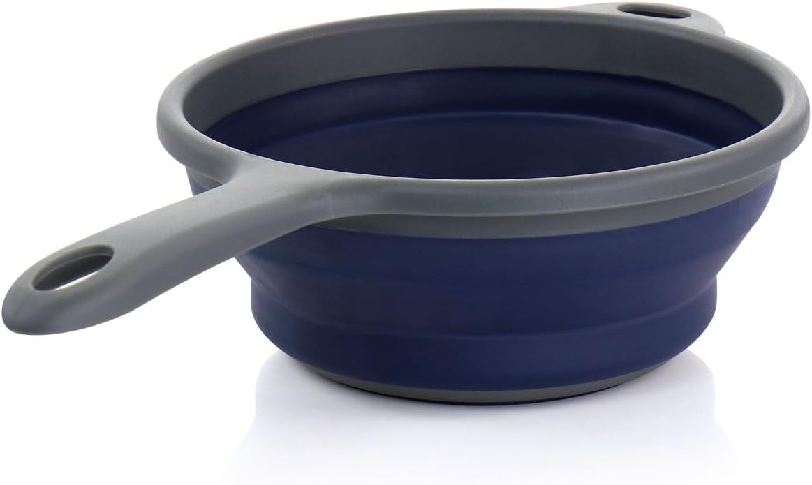 Collapsible Colander with Handle – Space-Saving Polypropylene Strainer for Pasta, Vegetables & Fruits, Foldable Kitchen Colander in Navy Blue