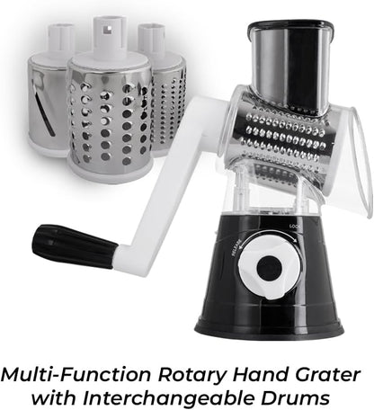 Rotary Cheese Grater, Manual Hand Crank Cheese Shredder with 3 Stainless Steel Drum Blades, Vegetable Slicer for Potato Nuts Chocolate, Easy Clean Kitchen Grater, Compact Black Design