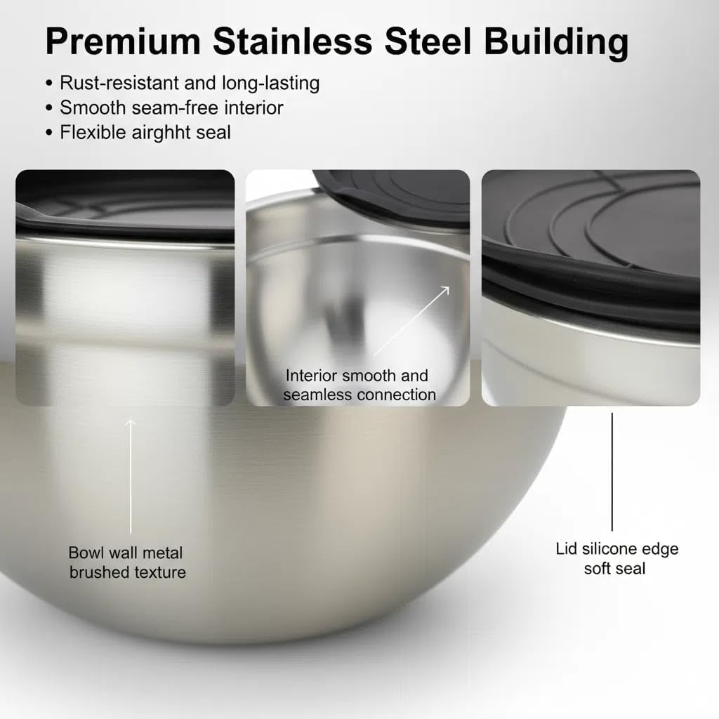 Mixing Bowls with Lids Set of 3 - Stainless Steel Nesting Bowls (1.5, 2.5, 5 QT) with Food-Grade TPE Lids, BPA-Free, Airtight & Durable for Baking, Meal Prep