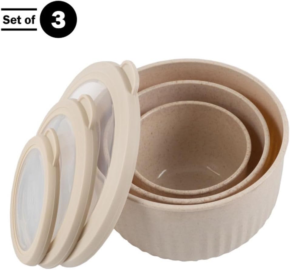 Set of 3 Bowls with Lids - Microwave, Freezer, and Fridge Safe Nesting Mixing Bowls - Eco-Conscious Kitchen Essentials by Classic Cuisine (Beige), S, M, L