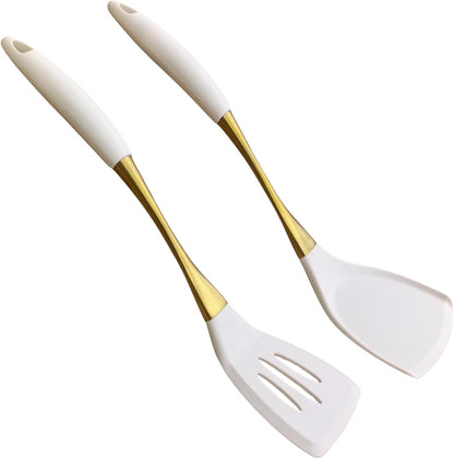 Elegant White Gold Silicone Cooking Utensils Set - Non-Toxic, Dishwasher Safe Kitchen Utensils Set with Heat Resistant Comfort Handles - Includes Spatula & Spoon for Nonstick Cookware