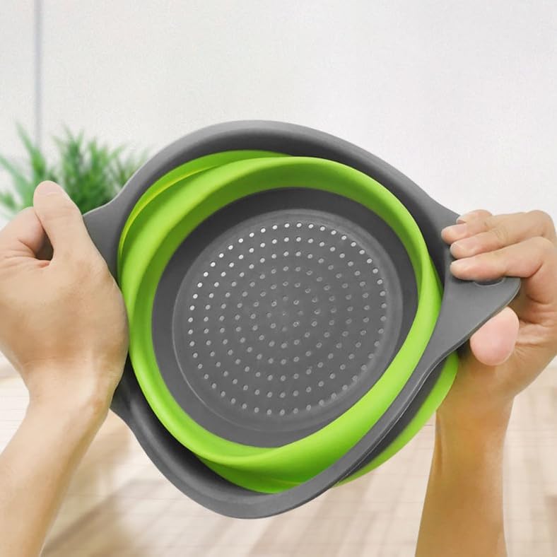 2pcs Collapsible Colander, Round Green Set Folding Silicone strainers for Kitchen, Collapsible Funnel Suitable for Draining Pasta, Vegetables and Fruits, Small