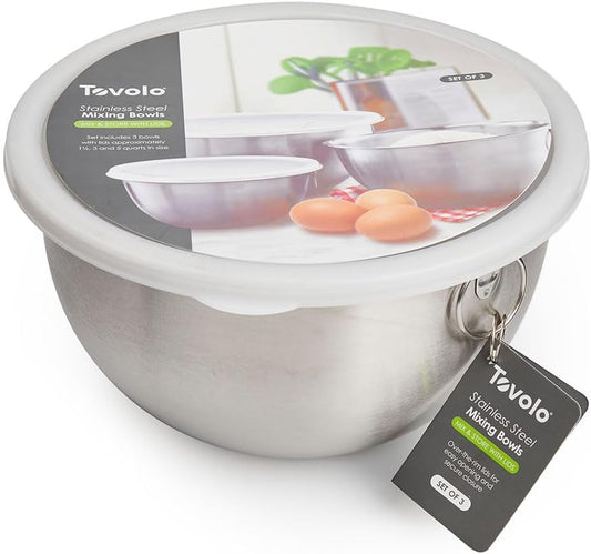 Tovolo Stainless Steel Mixing Bowls with Lid Set of 3 Nesting Mixing Bowls Small Medium Large, Dishwasher Safe Metal Bowl Set with BPA Free Lids Stamped Measurements for Measuring Cooking Baking