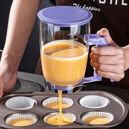 Pancake Batter Dispenser, No-Drip Squeeze Handle for Precision Portion Control, 900ML Capacity with Measurement Markings for Cupcakes, Waffles & Crepes, Dishwasher Safe Baking Tool (2pcs) (Purple1pcs)