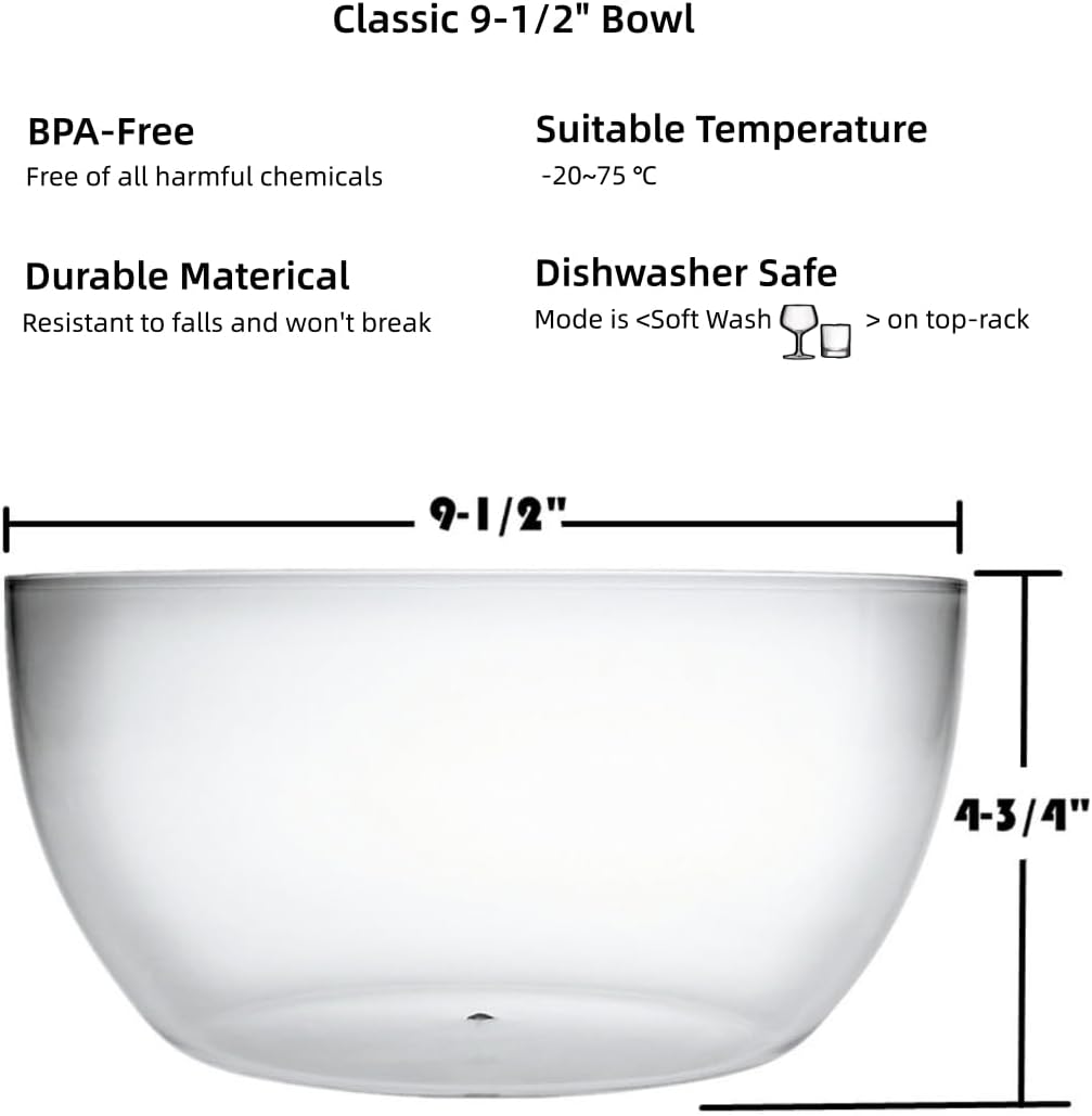 Large Acrylic Salad Bowls and Serving Bowls, Great for Serving Salad, Popcorn, Chips, Dips, Condiments, Break-Resistant Set of 2, Clear 146 oz