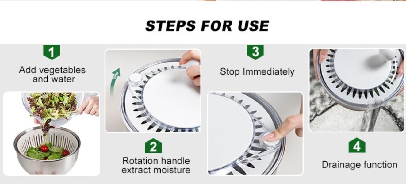 Stainless Steel Salad Spinner, 5L Capacity Vegetable Washer, Lettuce Dryer with Non-Slip Base and Stop Button, 9.65 Inch Diameter Salad Bowl Fruit Washer