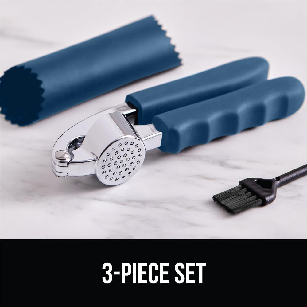 GORILLA GRIP Garlic Press and Peel Set, Heavy Duty Mincer Tool, Large Ergonomic Handle, Easily Mince and Crush Garlics, Ginger, Nuts, Seeds, Peeler Included, Peeling Cloves, Kitchen Gadgets, Red