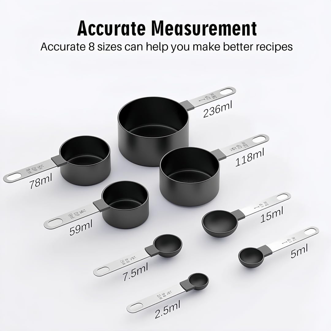 Measuring Cups and Spoons Set, 8-Piece Stackable Kitchen Measuring Set for Cooking and Baking, Durable Plastic Cups with Stainless Steel Handles, Easy-Grip, Nesting Design, Black