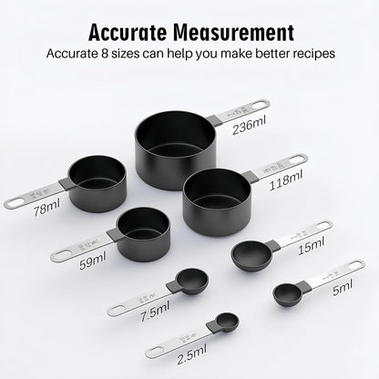 Measuring Cups and Spoons Set, 8-Piece Stackable Kitchen Measuring Set for Cooking and Baking, Durable Plastic Cups with Stainless Steel Handles, Easy-Grip, Nesting Design, Black