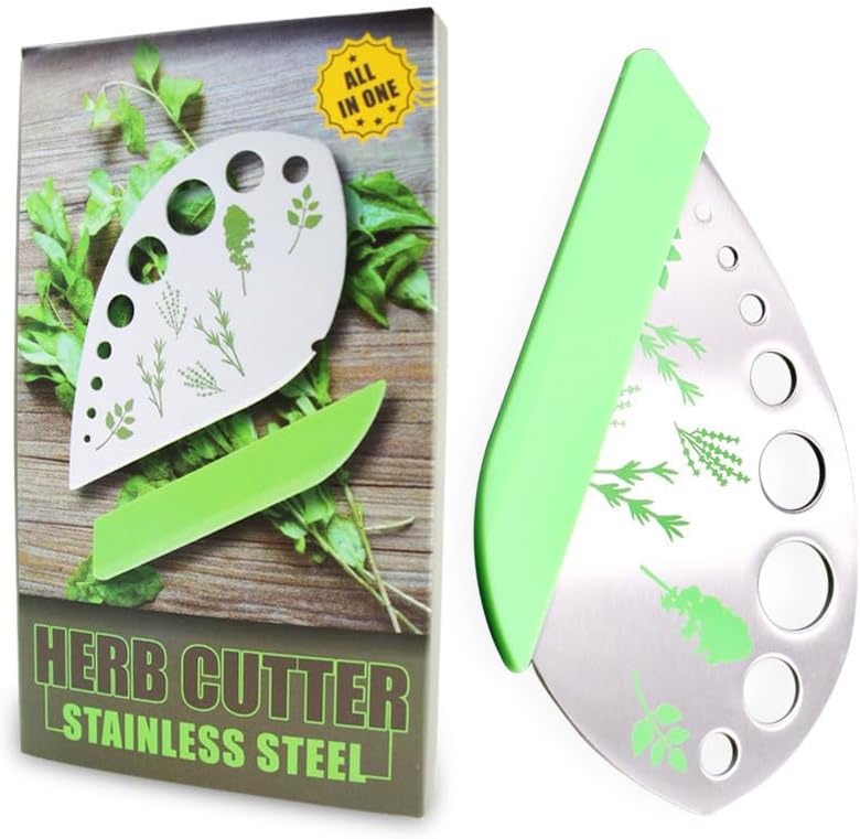 Stainless Steel Herb Stripper, 9-Hole Leaf Remover Tool for Kale, Thyme & Rosemary, Graduated Herb Stripping Tool with Protective Cover for Kitchen, Durable Metal Gadget for Greens