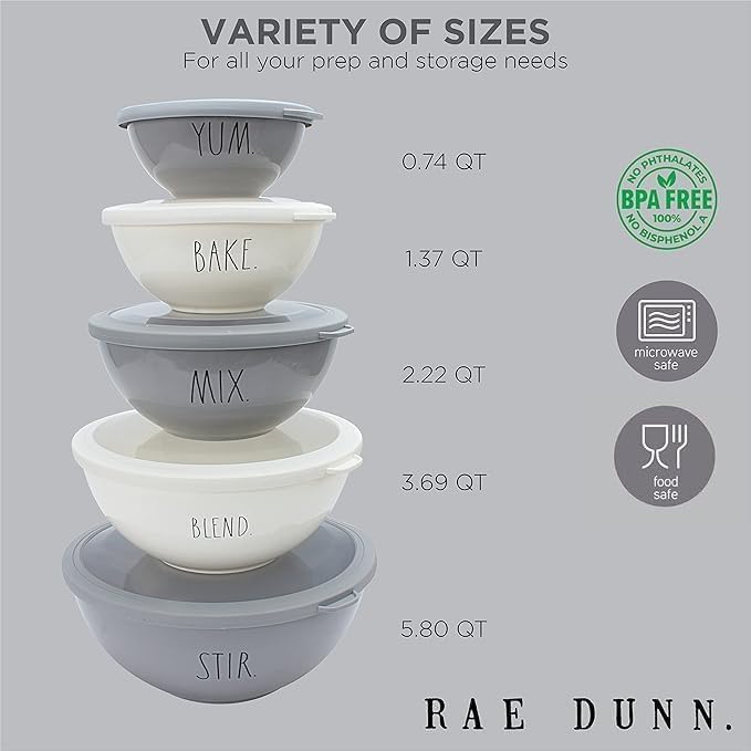 Rae Dunn Mixing Bowls with Lids - 10 Piece Plastic Nesting Bowls Set includes 5 Prep Bowls and 5 Lids (Sage)