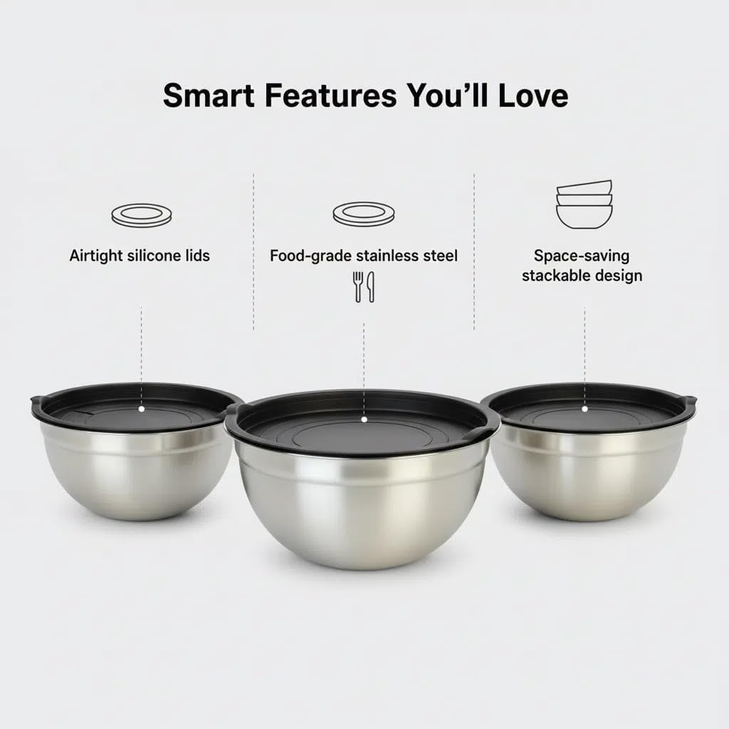 Mixing Bowls with Lids Set of 3 - Stainless Steel Nesting Bowls (1.5, 2.5, 5 QT) with Food-Grade TPE Lids, BPA-Free, Airtight & Durable for Baking, Meal Prep