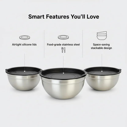 Mixing Bowls with Lids Set of 3 - Stainless Steel Nesting Bowls (1.5, 2.5, 5 QT) with Food-Grade TPE Lids, BPA-Free, Airtight & Durable for Baking, Meal Prep