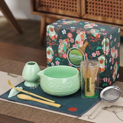 Matcha Whisk Set, Ceramic Matcha Set with Bowl, Chasen Holder, Scoop Rest, Sifter, 8-Pcs Japanese Ceremony Matcha Kit–Matcha Lovers Gift for Women Mom Girl Friend-Matcha Green