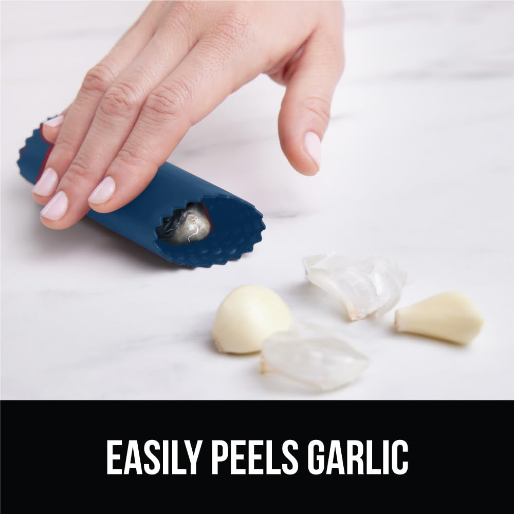 GORILLA GRIP Garlic Press and Peel Set, Heavy Duty Mincer Tool, Large Ergonomic Handle, Easily Mince and Crush Garlics, Ginger, Nuts, Seeds, Peeler Included, Peeling Cloves, Kitchen Gadgets, Red