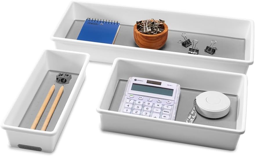 madesmart 3 Bin Drawer Organizer Set, Multi Purpose Storage for Utensils, Office & Bathroom, Organizer for Cutlery, Peeling Tools, Spatulas, Soft Grip Lining & Non Slip Feet, Granite