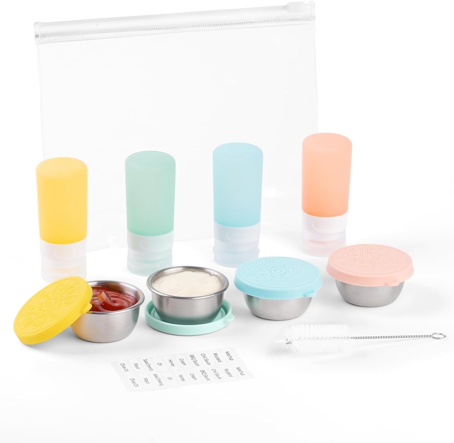 MICEBAY 8-Pack Salad Dressing Container To Go, 2-oz Silicone Small Condiment Squeeze Bottles and 1.6 oz Stainless Steel Sauce Containers Cups, Leakproof Condiment Containers with Lids for Lunch Box